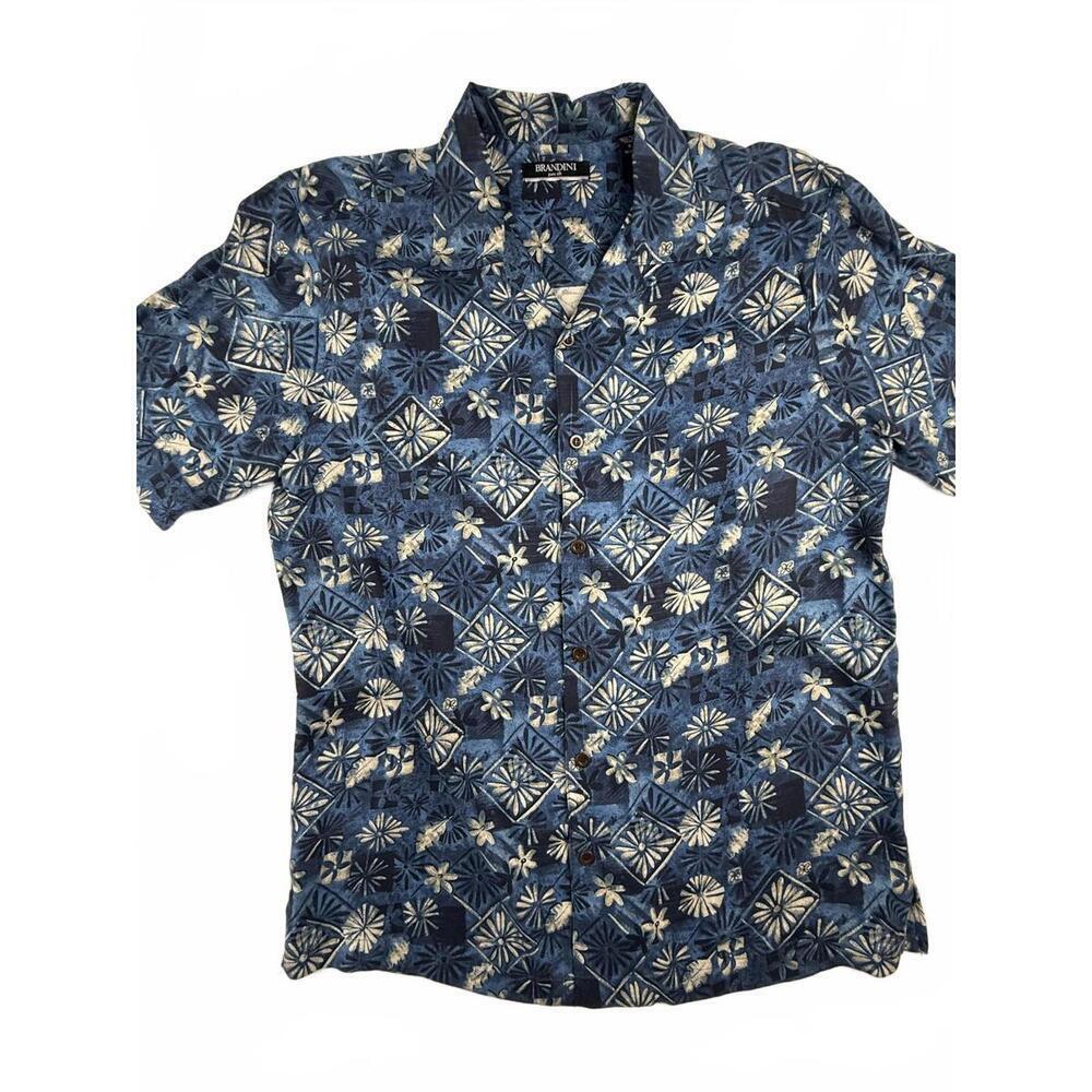 Brandini Shirt Mens Medium Blue Pure Silk Hawaiian Floral Button Up Tropical